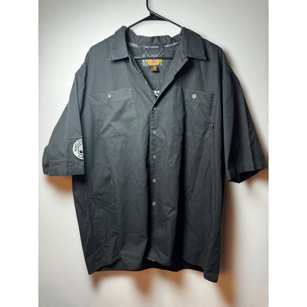 Harley Davidson Biker Black Short Sleeve Button Up Shirt Men XXL Tall Skull Logo